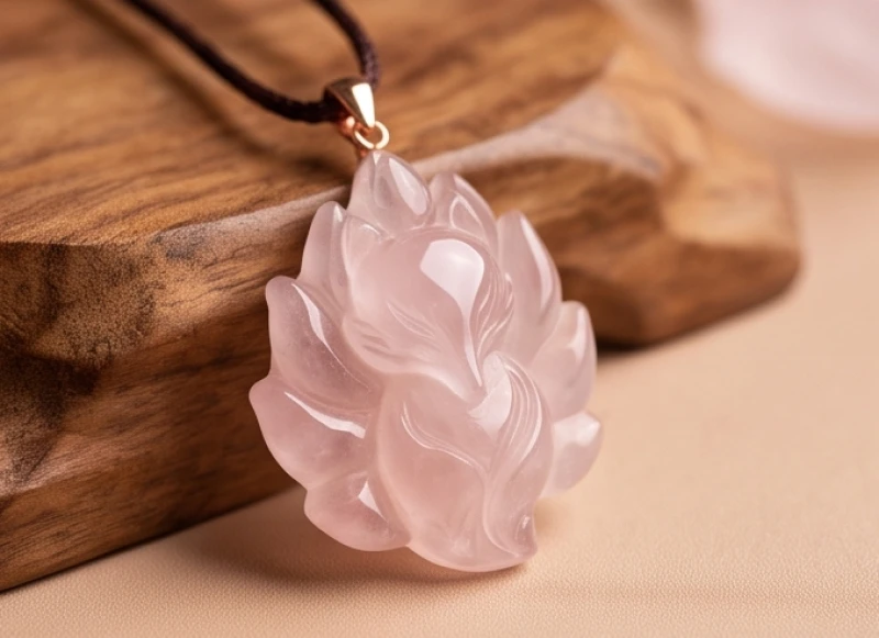 Mặt dây chuyền hình Cửu vĩ hồ chế tác từ đá thạch anh hồng giúp hỗ trợ tình duyên