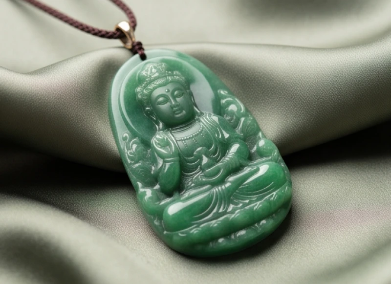 Mặt dây chuyền đá tự nhiên chạm khắc tinh xảo đặt trên nền vải lụa truyền thống