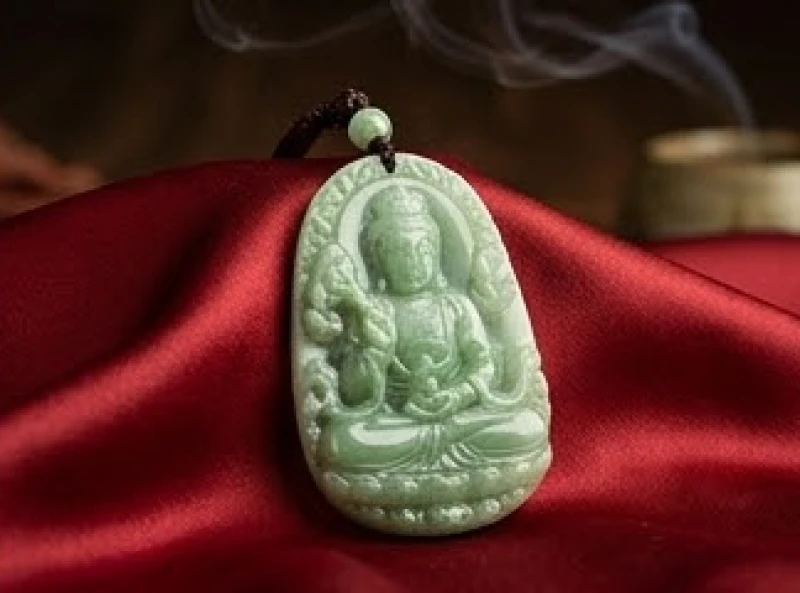 Mặt dây chuyền Văn Thù Bồ Tát chạm khắc từ đá tự nhiên đặt trên mảnh lụa đỏ