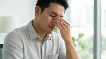 Nam giới đang ôm mặt xoa nhẹ vùng mắt mệt mỏi phản ánh hiện tượng mắt giật ở nam là điềm gì cả về tâm linh và y khoa