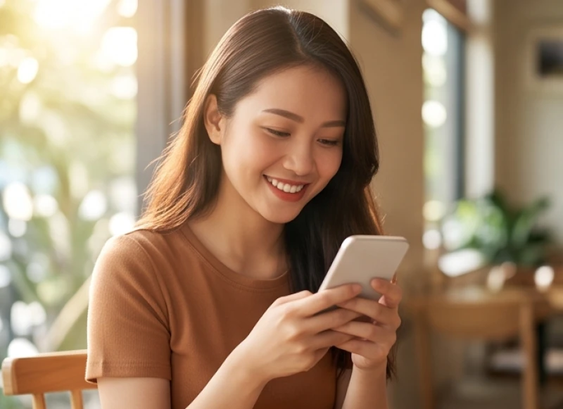 Người phụ nữ trẻ mỉm cười hạnh phúc khi nhận được tin vui sau lúc nháy mắt