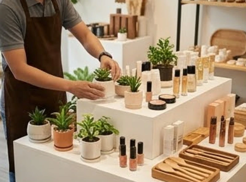 Người kinh doanh đang sắp xếp hàng hóa đa dạng như mỹ phẩm và cây cảnh
