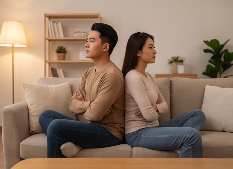 Hai người ngồi quay lưng lại với nhau trên chiếc ghế sô pha trong phòng khách với ánh sáng dịu nhẹ