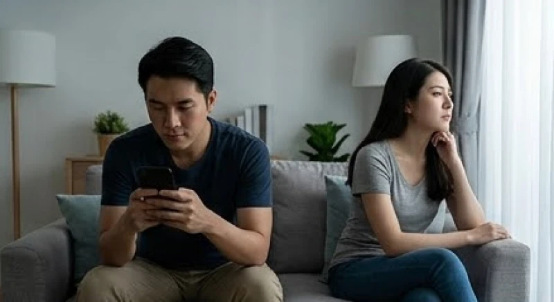 Chàng trai mải mê nhắn tin điện thoại trong khi cô gái ngồi cạnh hướng ánh mắt nhìn ra cửa sổ với vẻ đượm buồn