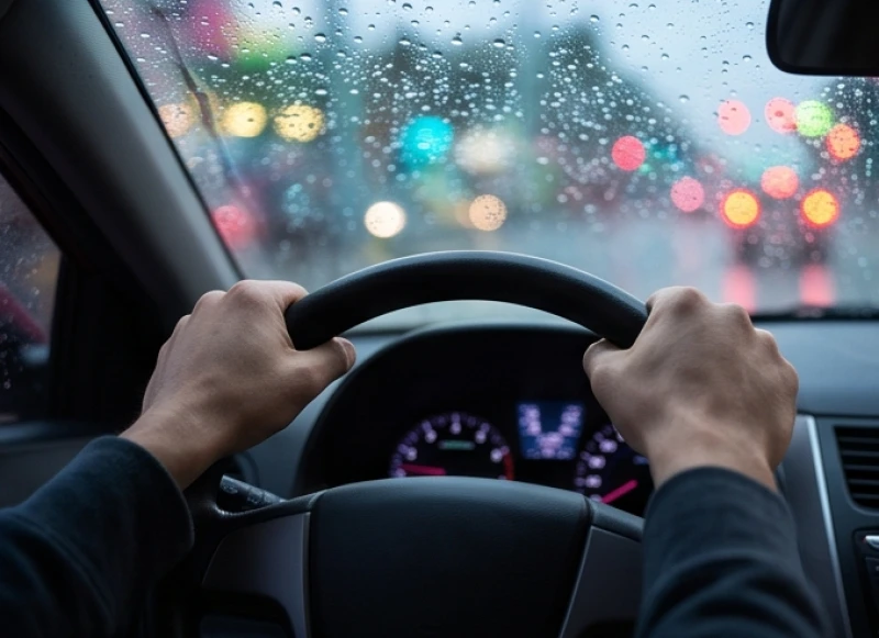 Bàn tay nắm chặt vô lăng xe ô tô trong màn đêm mưa giông mờ mịt thể hiện sự bế tắc