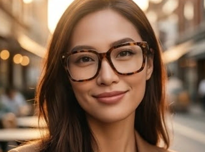 Cô gái mặt dài đeo chiếc kính gọng vuông to bản màu đồi mồi giúp che bớt khuyết điểm vùng trung đình