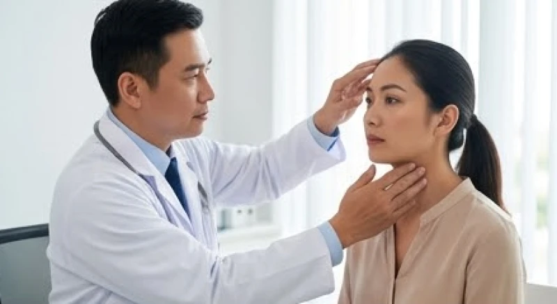 Bác sĩ đang kiểm tra vùng tuyến giáp và cấu trúc nhãn cầu để phân biệt mắt lồi bẩm sinh và do bệnh lý