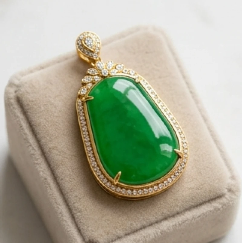 Viên ngọc cẩm thạch cao cấp bọc viền vàng 18K đính đá quý sang trọng và tinh tế