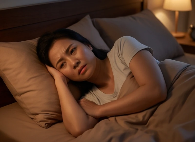 Người phụ nữ trằn trọc khó ngủ vào ban đêm do căng thẳng và sự gia tăng nồng độ hormone cortisol