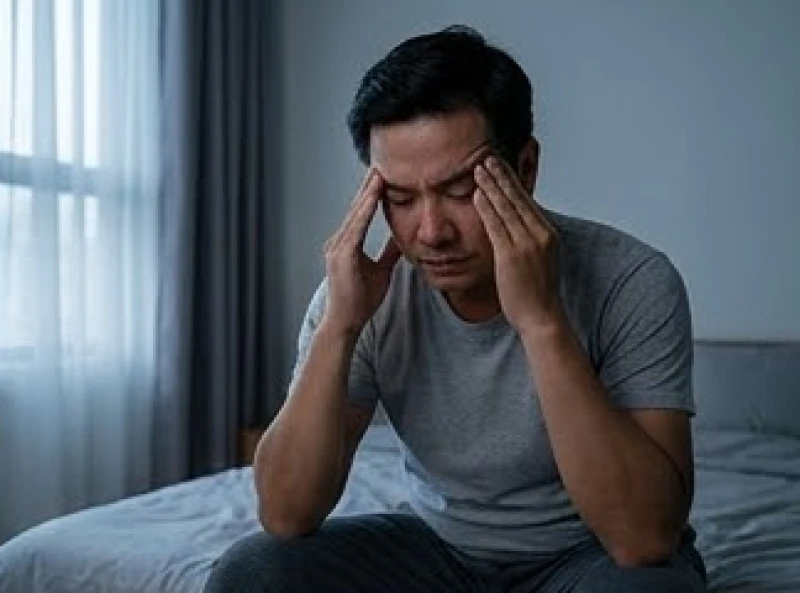 Người đàn ông ngồi xoa thái dương thể hiện sự mệt mỏi và căng thẳng do chứng mất ngủ kéo dài