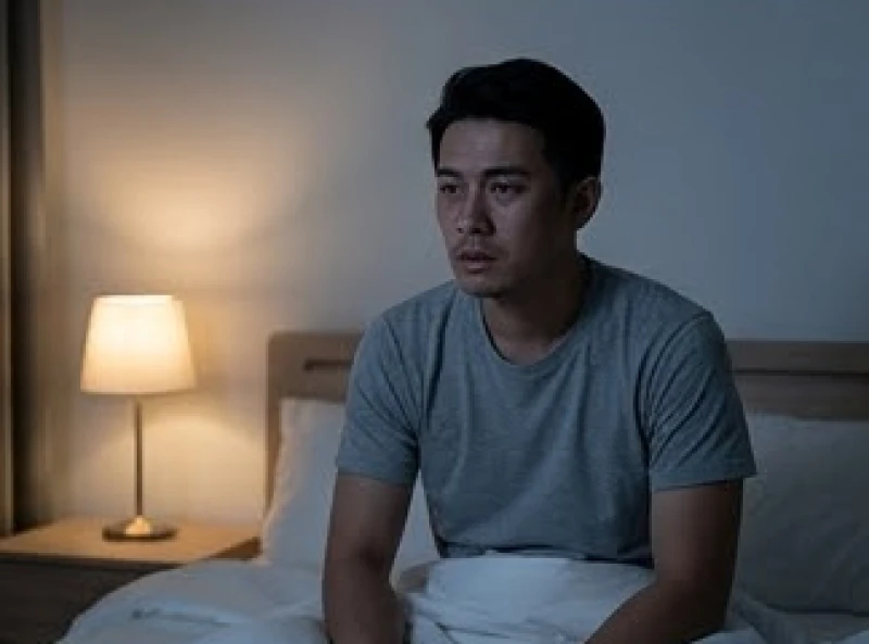 Đàn ông đang ngồi trên giường trong không gian tối và trằn trọc không ngủ được do lo âu và căng thẳng