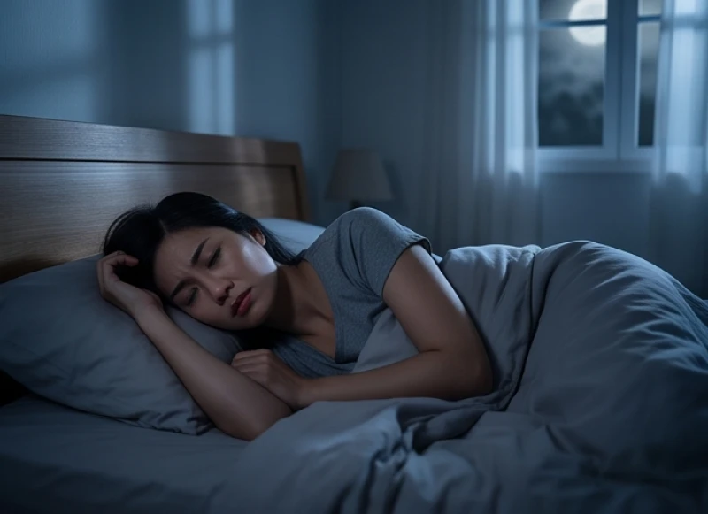 Phụ nữ mệt mỏi trằn trọc trên giường ngủ trong bóng tối bộc lộ sự kiệt quệ thể chất