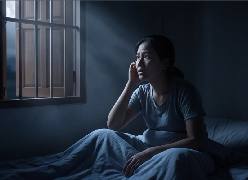 Một người bừng tỉnh giữa đêm khuya với nét mặt căng thẳng cố gắng lắng nghe nhịp điệu chim lợn rít ngoài mái hiên