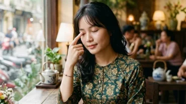 Cận cảnh gương mặt một người phụ nữ Việt Nam đang chạm tay xoa mí mắt để giải mã xem mắt phải giật là điềm gì