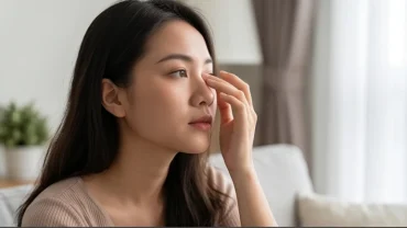 Người phụ nữ đang chạm nhẹ lên đuôi mắt khi tìm hiểu mắt phải giật là điềm gì