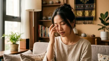 Người phụ nữ Việt Nam nhẹ nhàng xoa mí mắt để giải mã mắt phải giật liên tục là điềm gì
