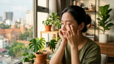 Một người phụ nữ Việt Nam đang chạm tay lên mí mắt để giải mã xem mắt phải nữ giật là điềm gì