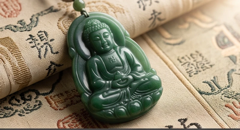 Mặt Phật A Di Đà bằng ngọc bích xanh tự nhiên kết hợp cùng dây đeo phong thủy