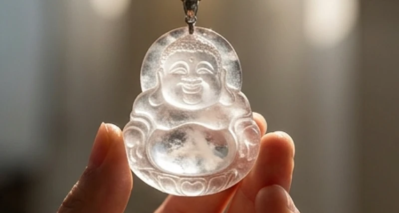 Mặt dây chuyền Phật bản mệnh tạc từ đá tự nhiên nguyên khối có độ trong suốt và vân mây mờ ảo bên trong