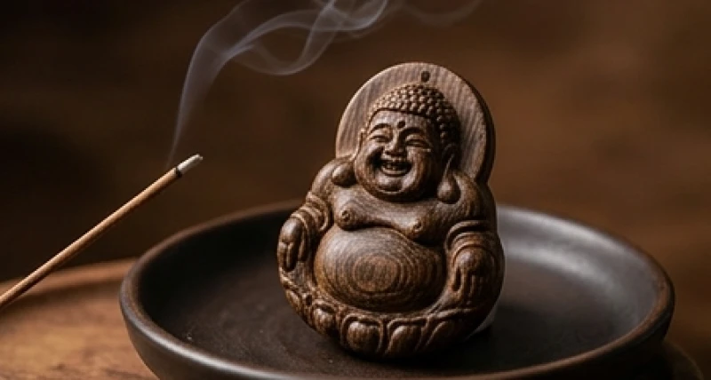 Dây chuyền mặt Phật bản mệnh được điêu khắc tỉ mỉ trên nền gỗ trầm hương tự nhiên với đường vân xốp đặc trưng