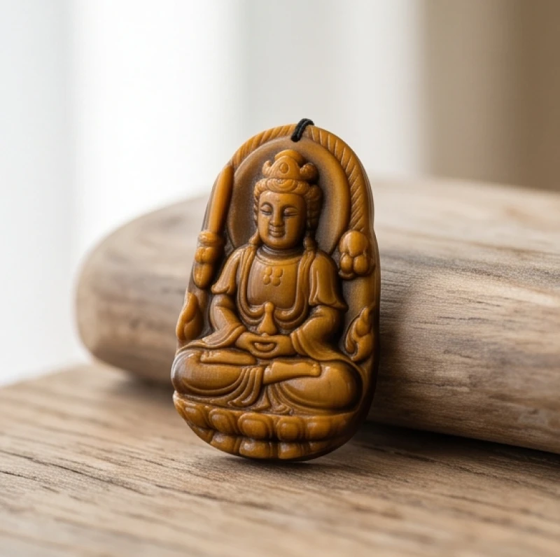 Dây chuyền phong thủy tuổi Mão: Bảng màu đá và các kiêng kỵ 1 Tượng Phật bản mệnh Văn Thù Bồ Tát bằng đá mắt hổ được chế tác tỉ mỉ làm mặt dây chuyền
