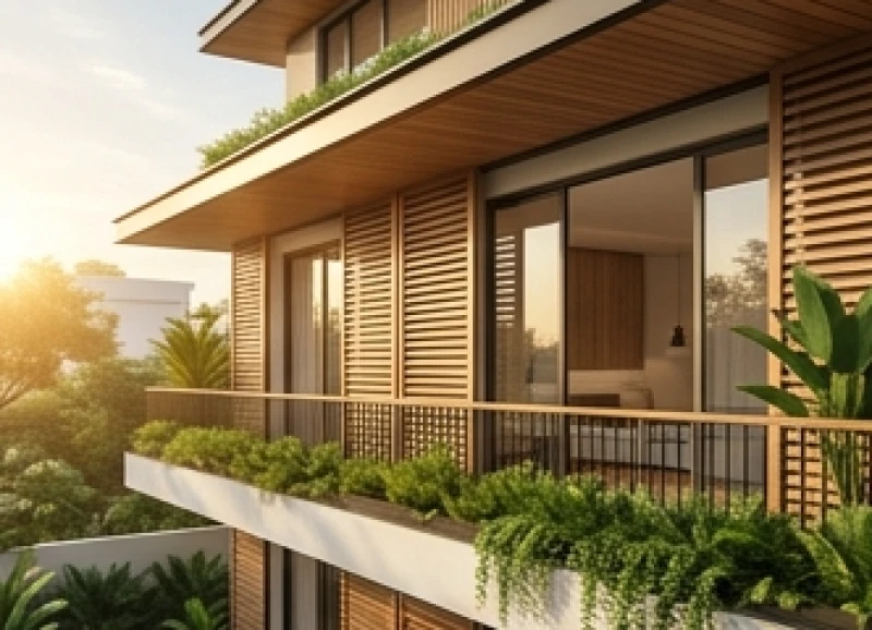 Mặt tiền ngôi nhà hiện đại với hệ thống lam chắn nắng thẩm mỹ đón luồng khí Tây Nam