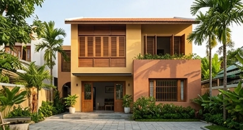 Màu sơn nhà hợp tuổi Mùi: Bảng chuẩn và tỷ lệ phối 60-30-10 5 Mặt tiền ngôi nhà hướng Nam đón nắng gió được sơn các dải màu ấm áp với điểm nhấn hài hòa