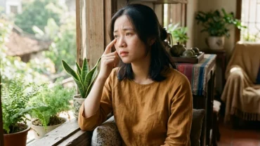Người phụ nữ trẻ Việt Nam chạm nhẹ lên mí mắt băn khoăn không rõ mắt trái giật là điềm gì