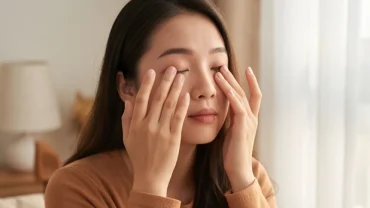 Người phụ nữ mệt mỏi xoa nhẹ vùng mắt khi tìm hiểu mắt trái giật là điềm gì