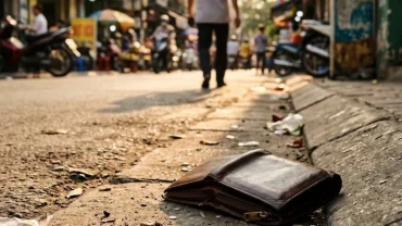 Cận cảnh một chiếc ví da bị đánh rơi trên vỉa hè gợi lên sự băn khoăn rằng mất ví tiền là điềm gì