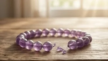 Chiếc vòng tay đá thạch anh tự nhiên đứt và rơi trên mặt bàn gỗ mang thông điệp giải mã mất vòng tay là điềm gì