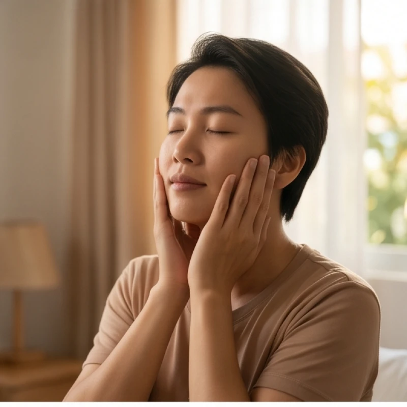 Mơ thấy răng lung lay: Điềm báo theo vị trí và bộ số may mắn 8 Một người đang dùng hai tay mát xa nhẹ nhàng vùng má và cơ hàm vào buổi sáng