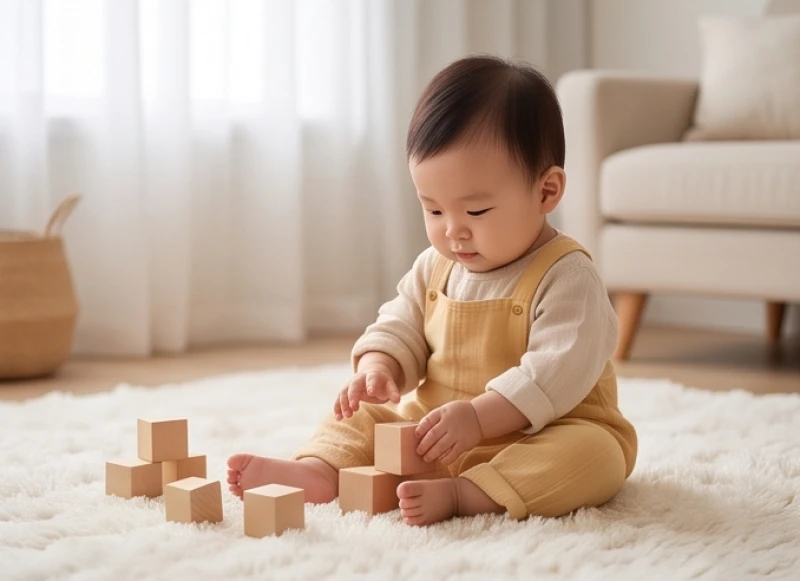 Bé mặc trang phục màu vàng nhạt và be cát ngồi chơi ngoan ngoãn
