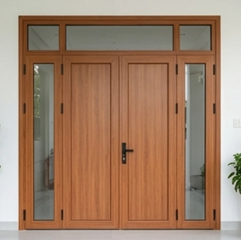 Cửa chính 4 cánh lệch bằng nhôm kính vân gỗ thiết kế sang trọng cho nhà phố hẹp