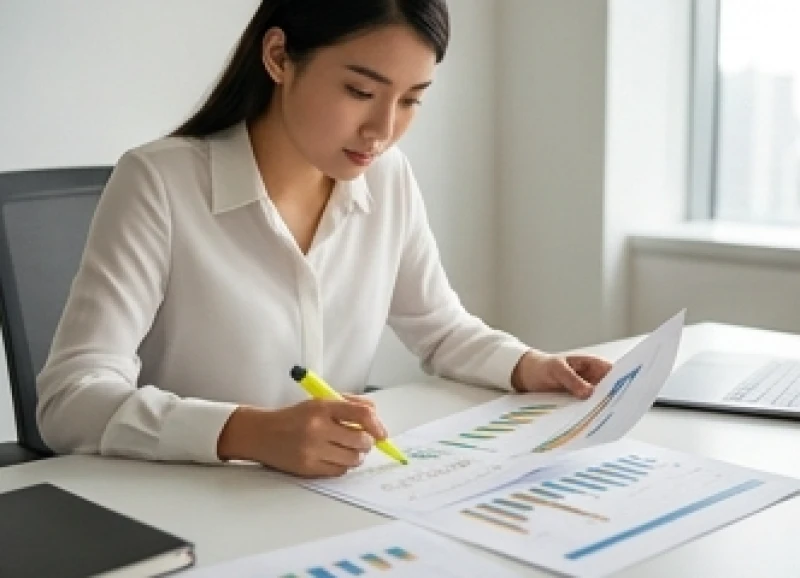 Chuyên viên trẻ đang cẩn thận đối chiếu các số liệu KPI trên bảng báo cáo tài chính cuối tháng