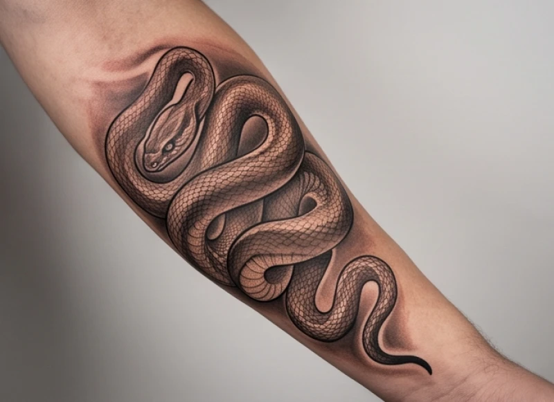 Sắc nâu đất và xám bạc được thợ xăm khéo léo phủ bóng whip-shading cho bản mệnh Kim