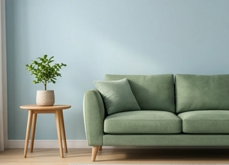 Góc phòng khách được trang trí tinh tế với tường màu xanh dương pastel và sofa màu rêu nhạt