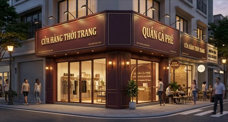 Tuổi Tý Hợp Kinh Doanh Gì: Mặt Hàng Ngách & Hướng Mở Cửa Hàng 14 Mặt tiền cửa hàng hiện đại với bảng hiệu được phối màu hài hòa theo nguyên lý ngũ hành tương sinh