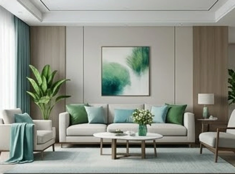 Phòng khách hiện đại được trang trí hài hòa với tông màu xanh lá cây và xanh nước biển nhạt