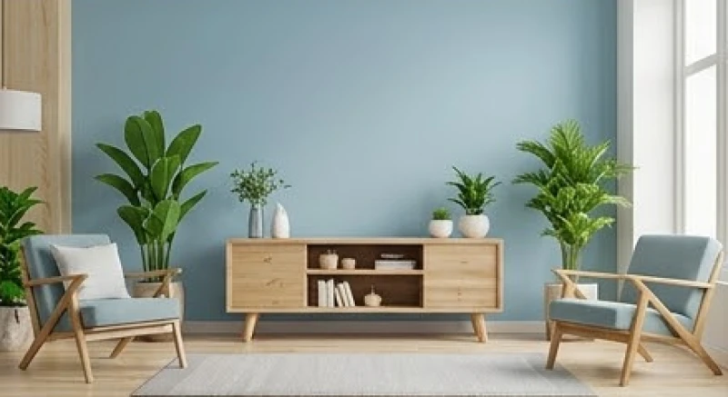 Bức tường màu xanh dương nhạt phối cùng đồ nội thất gỗ tự nhiên tạo nên không gian sống vượng khí cho hành Mộc