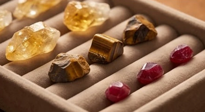 Các khối đá phong thủy màu vàng nâu và đỏ ruby được bài trí hài hòa trên chiếc khay lót nhung
