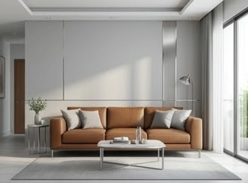Không gian phòng khách hiện đại với tông màu xám chủ đạo kết hợp bộ sofa màu nâu đất