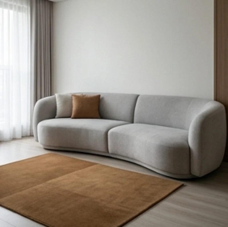 Sofa phòng khách màu xám trắng kết hợp cùng thảm trải sàn màu nâu đất thể hiện sự tương sinh Thổ sinh Kim