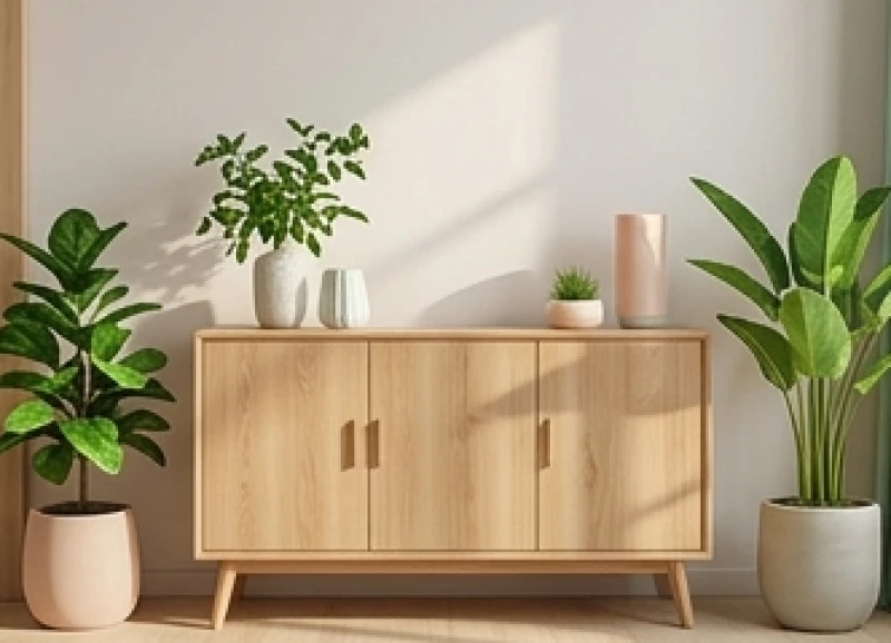 Góc phòng khách trang trí điểm xuyết tông màu xanh lá cây và gỗ tự nhiên hợp với mệnh Hỏa