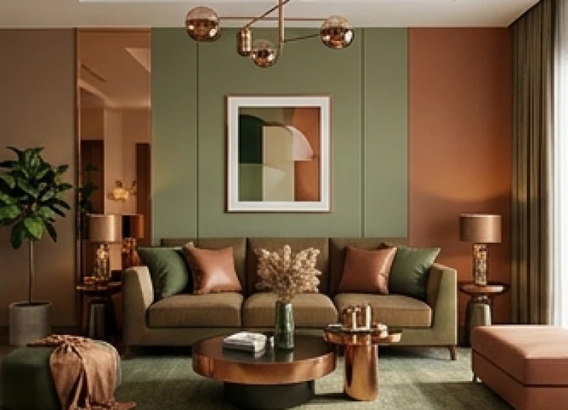 Sự phối hợp hài hòa giữa màu sơn tường và chất liệu sofa dựa trên quy luật tương sinh của ngũ hành