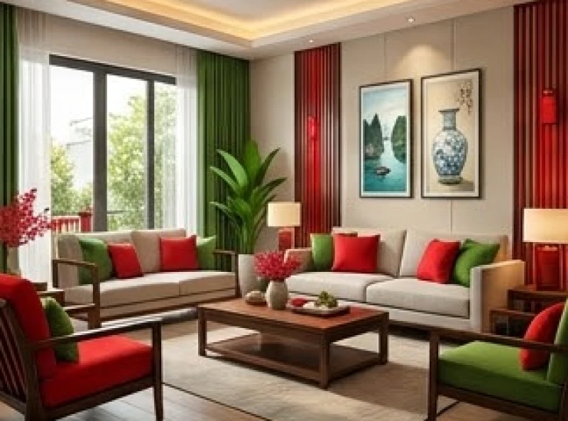 Các vật phẩm trang trí nội thất mang tông màu đỏ và xanh lá cây được sắp xếp hài hòa trong phòng khách