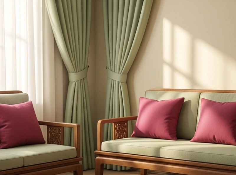 Góc phòng khách trang trí rèm cửa màu xanh lục nhạt kết hợp cùng những chiếc gối tựa màu hồng trầm