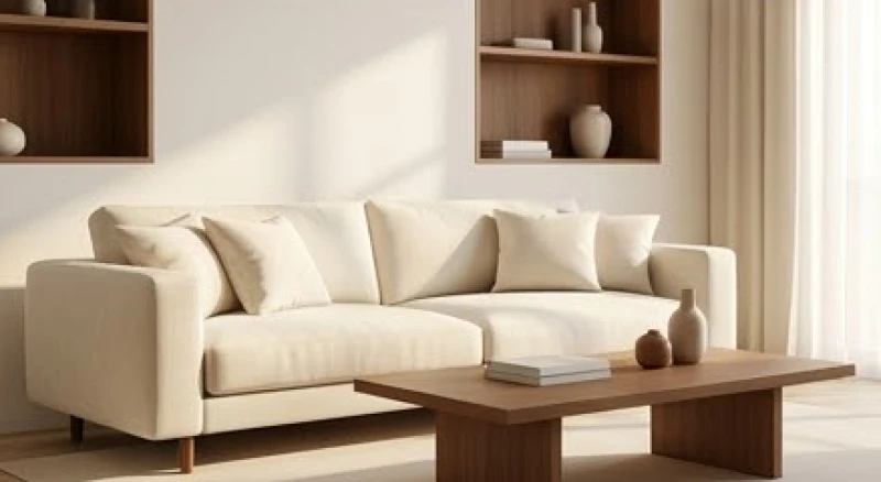Phòng khách hiện đại với tông màu trắng chủ đạo kết hợp điểm nhấn nâu gỗ trầm ấm tương sinh