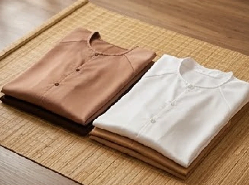 Trang phục thường ngày bằng lụa tơ tằm màu nâu nhạt và trắng được chuẩn bị sẵn cho người cao tuổi mệnh Kim