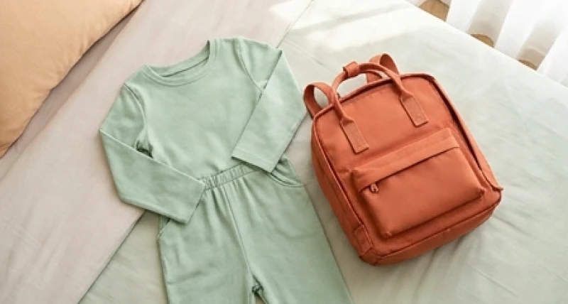 Bộ trang phục trẻ em màu xanh pastel cùng chiếc balo học sinh màu cam đất được sắp xếp gọn gàng trên giường